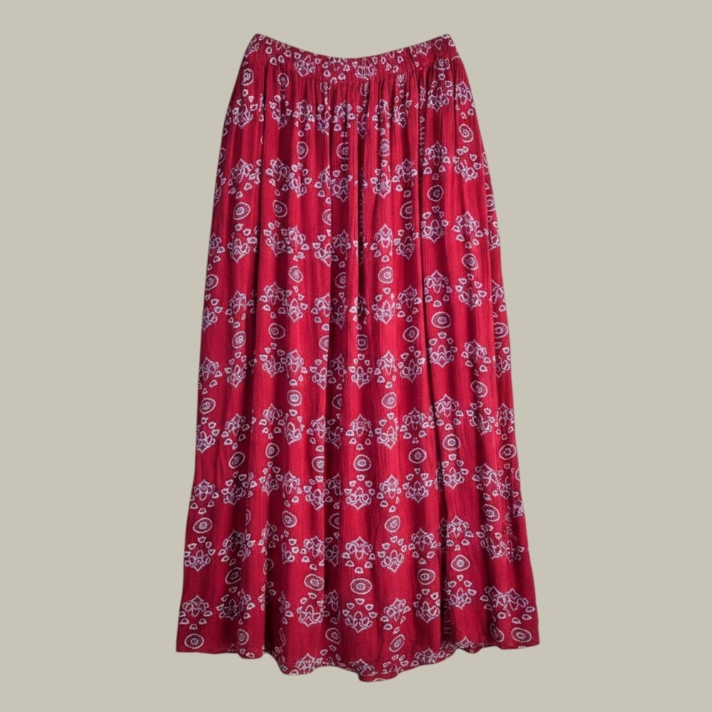 Boho Broomstick Cabela's Maxi Skirt XL Red Medallion Print Crinkle Rayon Gauze